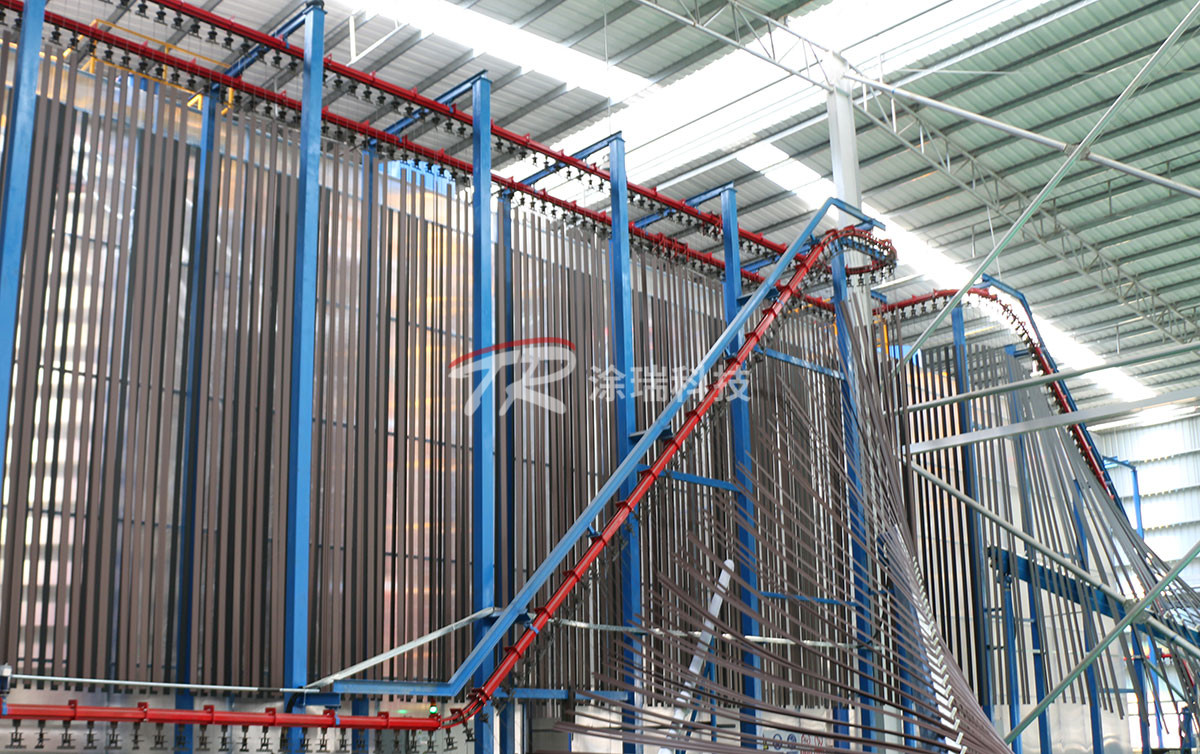 Vertical powder spraying line
